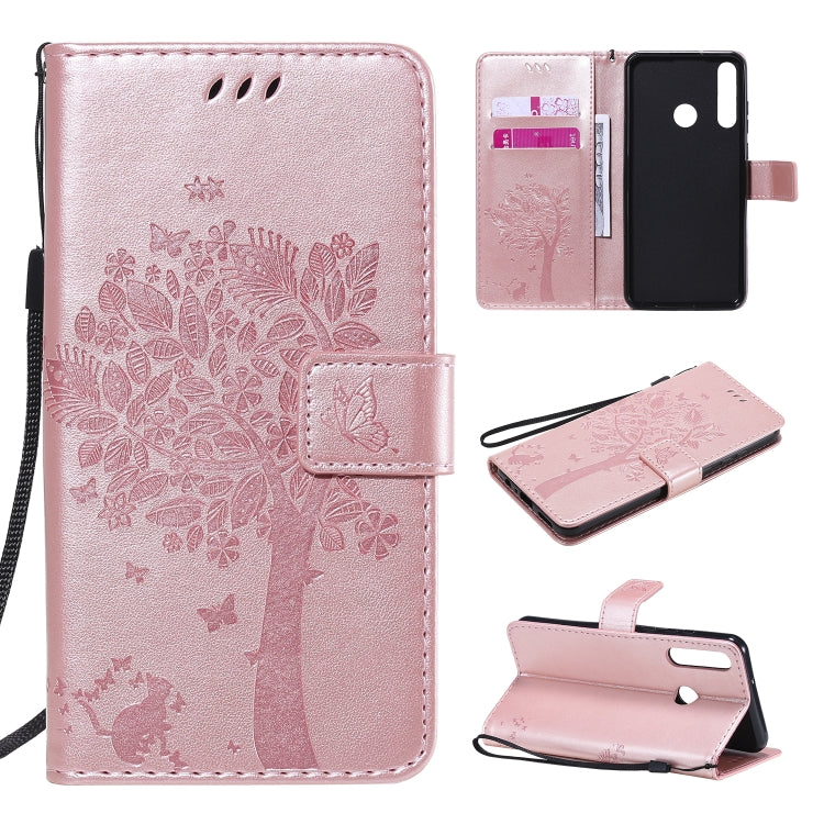 Tree & Cat Embossed Pattern Horizontal Flip Leather Case with Holder & Card Slots & Wallet & Lanyard, For Huawei Y5p, For Huawei Y6p