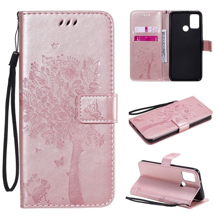 Tree & Cat Embossed Pattern Horizontal Flip Leather Case with Holder & Card Slots & Wallet & Lanyard, For Huawei Y6p, For Huawei Honor 9A