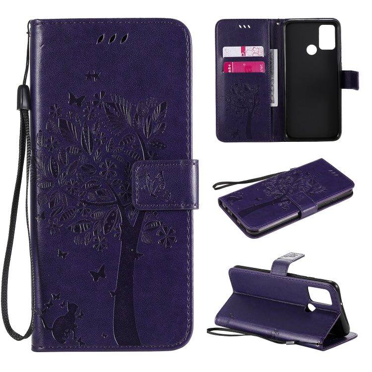 Tree & Cat Embossed Pattern Horizontal Flip Leather Case with Holder & Card Slots & Wallet & Lanyard, For Huawei Y6p, For Huawei Honor 9A