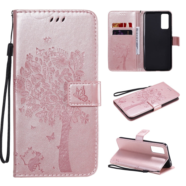Tree & Cat Embossed Pattern Horizontal Flip Leather Case with Holder & Card Slots & Wallet & Lanyard, For Huawei Honor 30, For Huawei Honor Play4T Pro