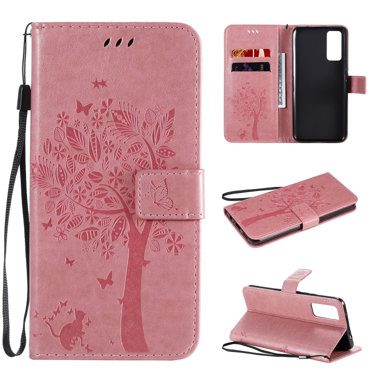 Tree & Cat Embossed Pattern Horizontal Flip Leather Case with Holder & Card Slots & Wallet & Lanyard, For Huawei Honor 30, For Huawei Honor Play4T Pro