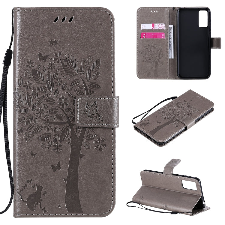 Tree & Cat Embossed Pattern Horizontal Flip Leather Case with Holder & Card Slots & Wallet & Lanyard, For Huawei Honor 30, For Huawei Honor Play4T Pro