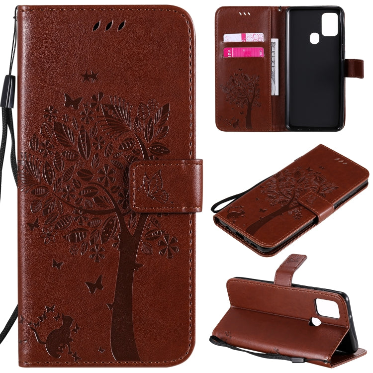 Tree & Cat Embossed Pattern Horizontal Flip Leather Case with Holder & Card Slots & Wallet & Lanyard, For Samsung Galaxy A21s, For Samsung Galaxy A31