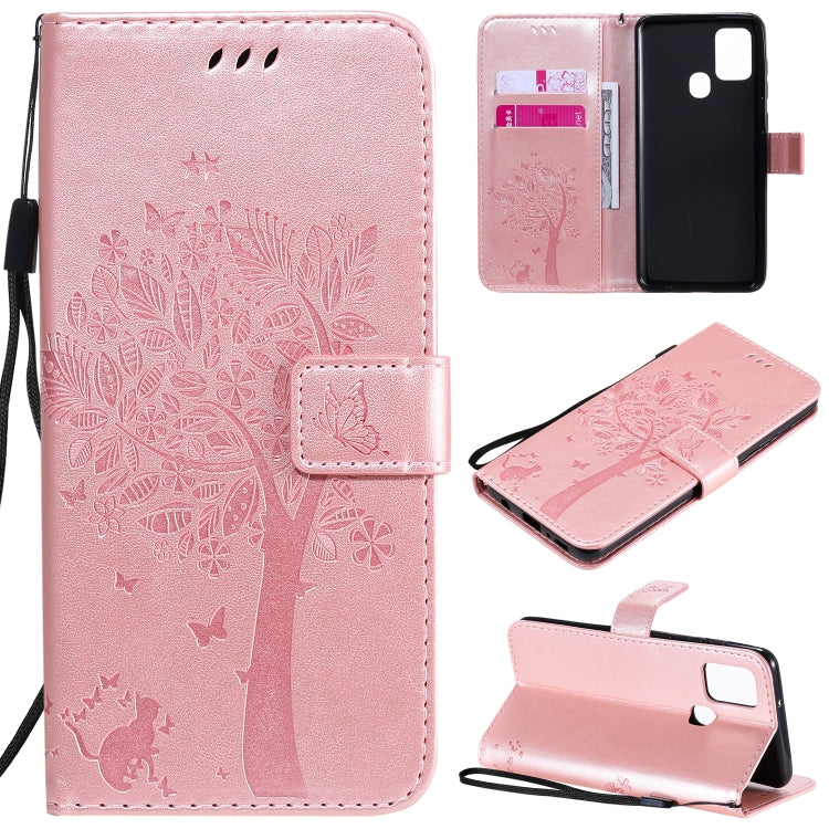 Tree & Cat Embossed Pattern Horizontal Flip Leather Case with Holder & Card Slots & Wallet & Lanyard, For Samsung Galaxy A21s, For Samsung Galaxy A31