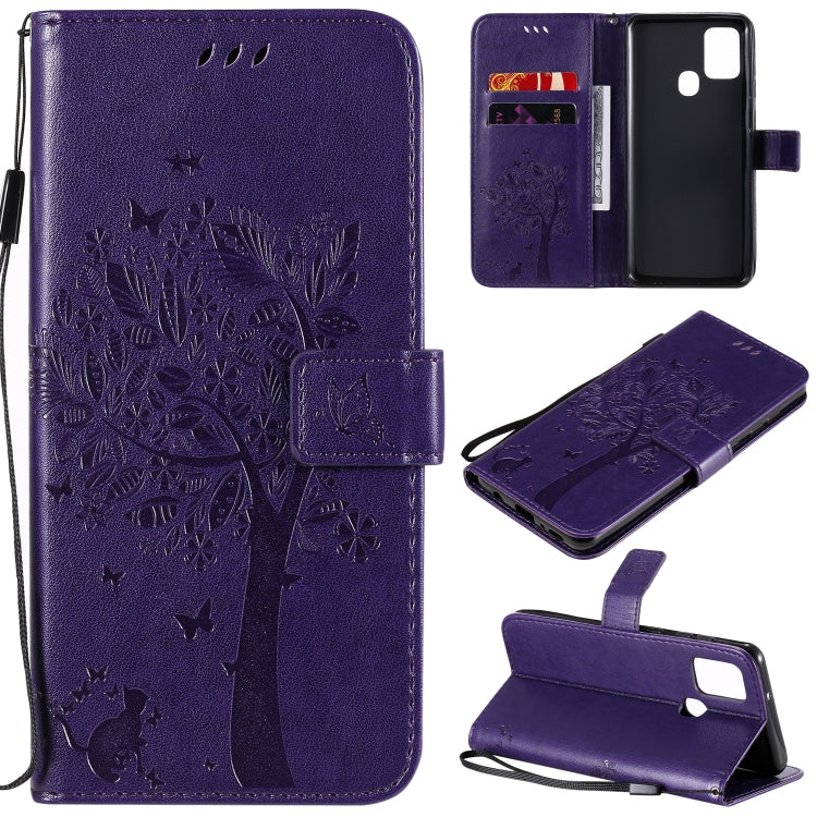 Tree & Cat Embossed Pattern Horizontal Flip Leather Case with Holder & Card Slots & Wallet & Lanyard, For Samsung Galaxy A21s, For Samsung Galaxy A31