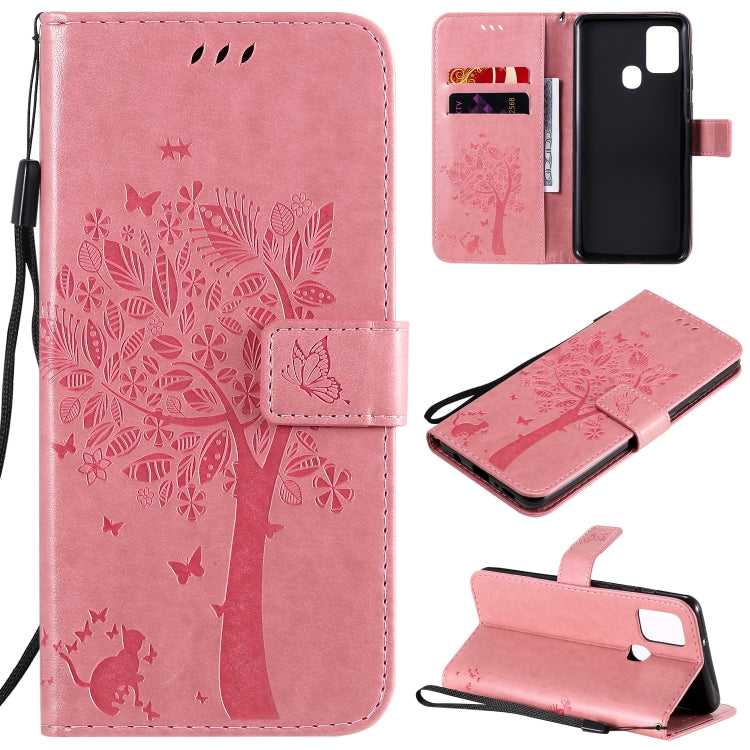 Tree & Cat Embossed Pattern Horizontal Flip Leather Case with Holder & Card Slots & Wallet & Lanyard, For Samsung Galaxy A21s, For Samsung Galaxy A31