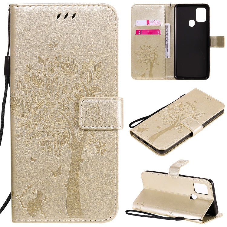 Tree & Cat Embossed Pattern Horizontal Flip Leather Case with Holder & Card Slots & Wallet & Lanyard, For Samsung Galaxy A21s, For Samsung Galaxy A31