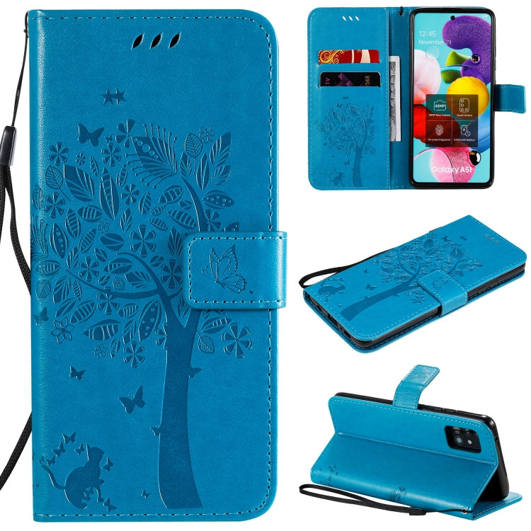 Tree & Cat Embossed Pattern Horizontal Flip Leather Case with Holder & Card Slots & Wallet & Lanyard, For Samsung Galaxy A41, For Samsung Galaxy A51 5G