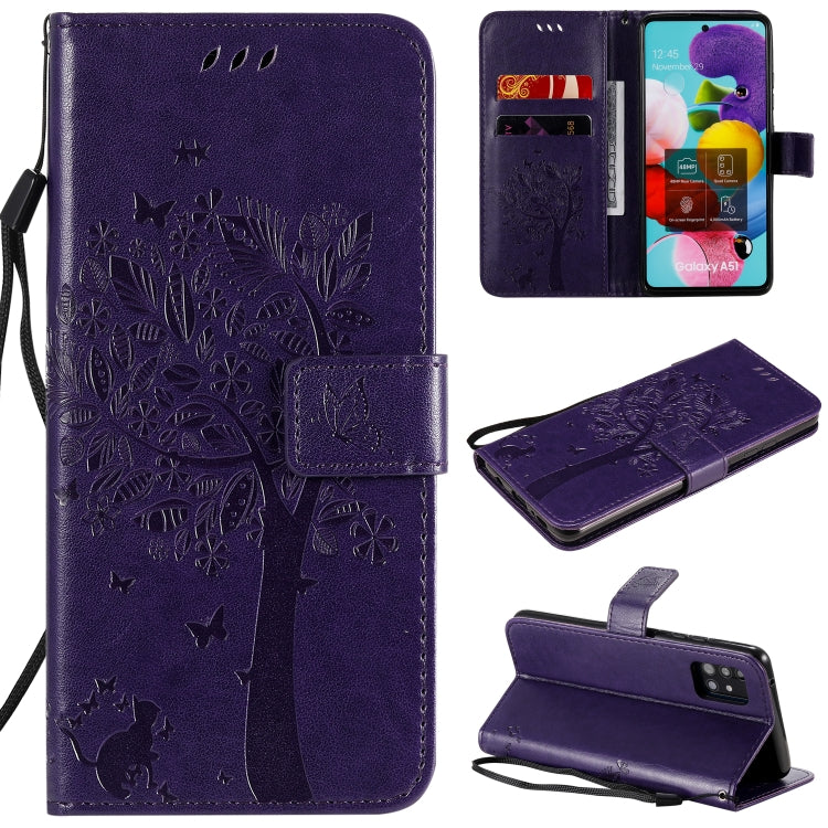 Tree & Cat Embossed Pattern Horizontal Flip Leather Case with Holder & Card Slots & Wallet & Lanyard, For Samsung Galaxy A41, For Samsung Galaxy A51 5G