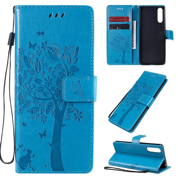 Tree & Cat Embossed Pattern Horizontal Flip Leather Case with Holder & Card Slots & Wallet & Lanyard, For Sony Xperia 10 II