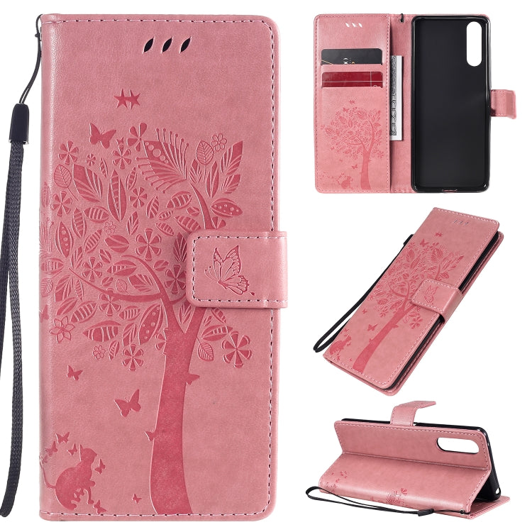 Tree & Cat Embossed Pattern Horizontal Flip Leather Case with Holder & Card Slots & Wallet & Lanyard, For Sony Xperia 10 II