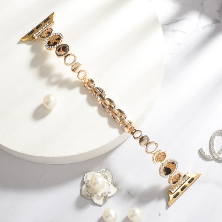 Leopard Rhinestones Metal Chain Watch Band, For Apple Watch SE 2023 44mm, For Apple Watch SE 2023 40mm, For Apple Watch Ultra 2 49mm, For Apple Watch Series 9 45mm, For Apple Watch Series 9 41mm, For Apple Watch Ultra 49mm, For Apple Watch Series 8 41m...
