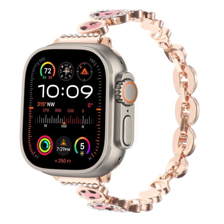 Leopard Rhinestones Metal Chain Watch Band, For Apple Watch SE 2023 44mm, For Apple Watch SE 2023 40mm, For Apple Watch Ultra 2 49mm, For Apple Watch Series 9 45mm, For Apple Watch Series 9 41mm, For Apple Watch Ultra 49mm, For Apple Watch Series 8 41mm