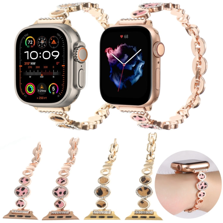 Leopard Rhinestones Metal Chain Watch Band, For Apple Watch SE 2023 44mm, For Apple Watch SE 2023 40mm, For Apple Watch Ultra 2 49mm, For Apple Watch Series 9 45mm, For Apple Watch Series 9 41mm, For Apple Watch Ultra 49mm, For Apple Watch Series 8 41mm