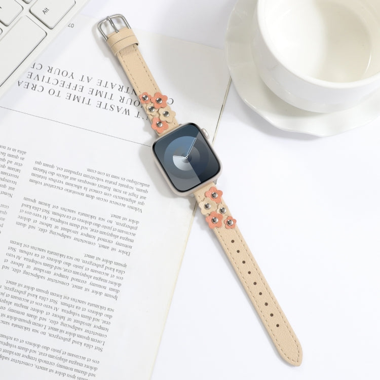 Stitched Flower Leather Watch Band, For Apple Watch SE 2023 44mm, For Apple Watch SE 2023 40mm, For Apple Watch Ultra 2 49mm, For Apple Watch Series 9 45mm, For Apple Watch Series 9 41mm, For Apple Watch Ultra 49mm, For Apple Watch Series 8 41mm