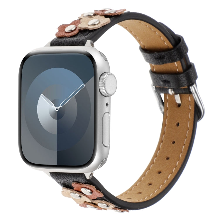 Stitched Flower Leather Watch Band, For Apple Watch SE 2023 44mm, For Apple Watch SE 2023 40mm, For Apple Watch Ultra 2 49mm, For Apple Watch Series 9 45mm, For Apple Watch Series 9 41mm, For Apple Watch Ultra 49mm, For Apple Watch Series 8 41mm