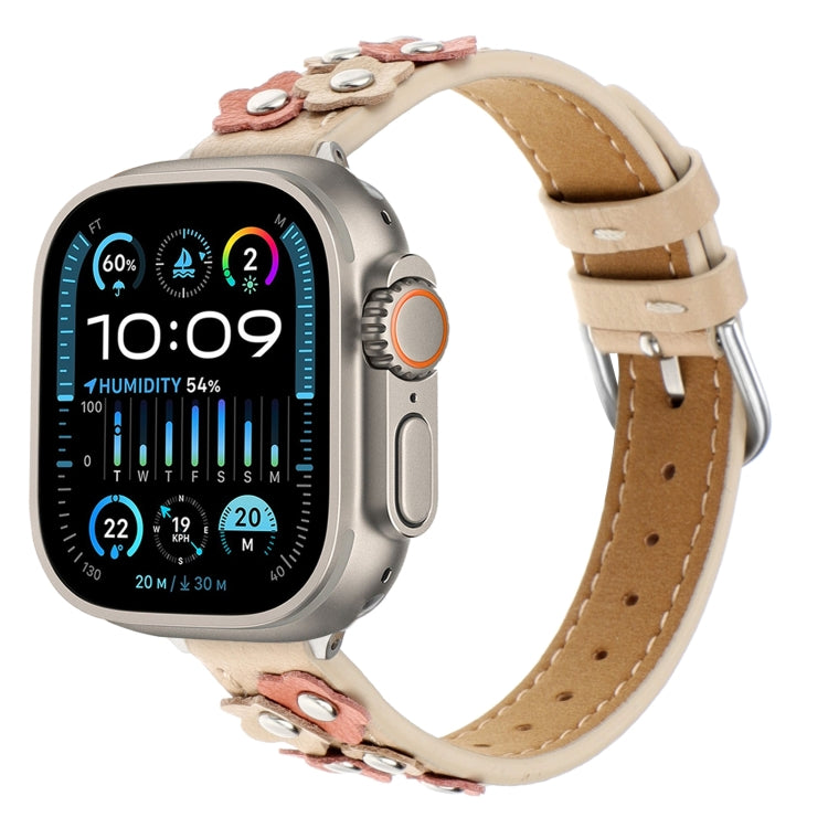 Stitched Flower Leather Watch Band, For Apple Watch SE 2023 44mm, For Apple Watch SE 2023 40mm, For Apple Watch Ultra 2 49mm, For Apple Watch Series 9 45mm, For Apple Watch Series 9 41mm, For Apple Watch Ultra 49mm, For Apple Watch Series 8 41mm