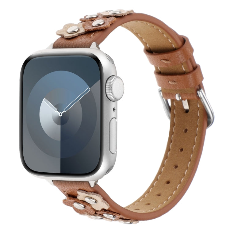 Stitched Flower Leather Watch Band, For Apple Watch SE 2023 44mm, For Apple Watch SE 2023 40mm, For Apple Watch Ultra 2 49mm, For Apple Watch Series 9 45mm, For Apple Watch Series 9 41mm, For Apple Watch Ultra 49mm, For Apple Watch Series 8 41mm�������...