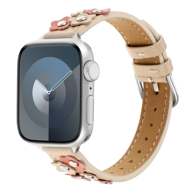 Stitched Flower Leather Watch Band, For Apple Watch SE 2023 44mm, For Apple Watch SE 2023 40mm, For Apple Watch Ultra 2 49mm, For Apple Watch Series 9 45mm, For Apple Watch Series 9 41mm, For Apple Watch Ultra 49mm, For Apple Watch Series 8 41mm