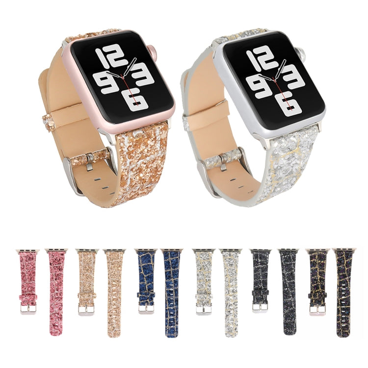 Glitter Sequins Leather Replacement Strap Watchband, For Apple Watch 5 & 4 44mm / 3 & 2 & 1 42mm, For Apple Watch Series 7 41mm / 6 & SE & 5 & 4 40mm / 3 & 2 & 1 38mm, For Apple Watch Series 8&7 41mm / SE 2&6&SE&5&4 40mm / 3&2&1 38mm