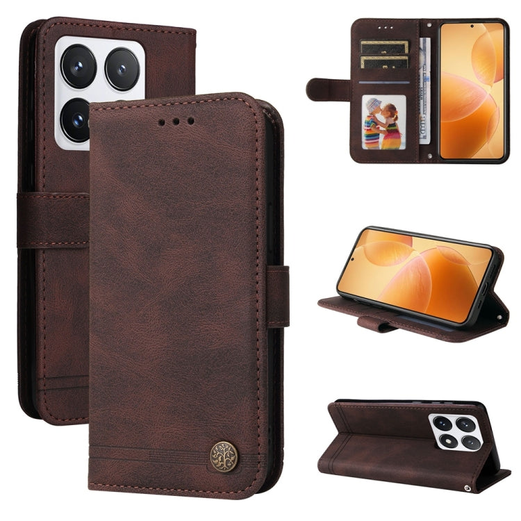 Skin Feel Life Tree Metal Button Leather Phone Case