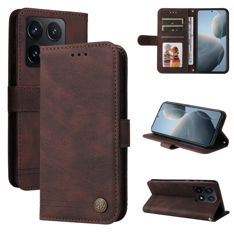 Skin Feel Life Tree Metal Button Leather Phone Case