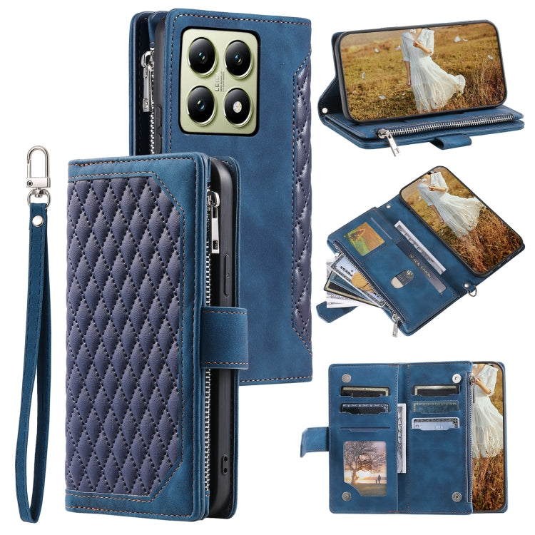 Grid Texture Zipper Leather Phone Case with Lanyard
