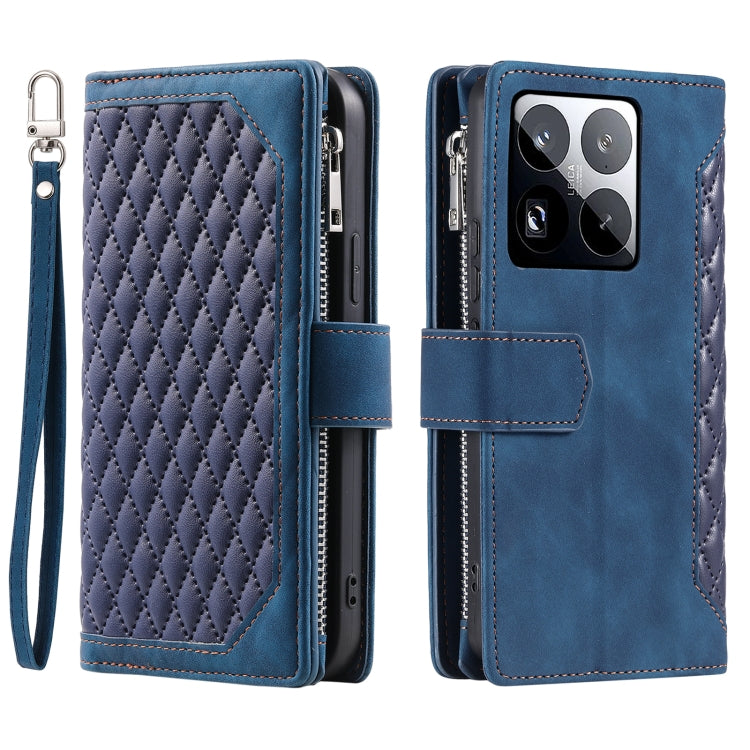 Grid Texture Zipper Leather Phone Case with Lanyard