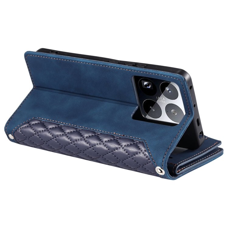 Grid Texture Zipper Leather Phone Case with Lanyard