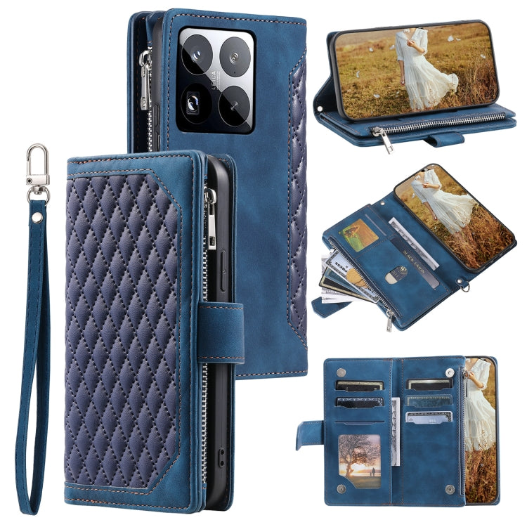 Grid Texture Zipper Leather Phone Case with Lanyard