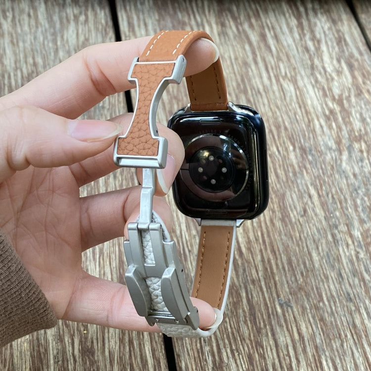 14mm Magnetic Buckle Litchi Leather Watch Band, For Apple Watch 46mm / 49mm / 45mm / 44mm, For Apple Watch 42mm / 41mm / 40mm / 38mm