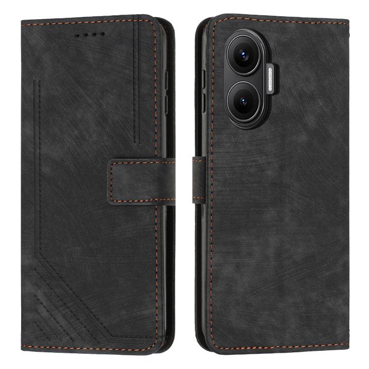 Skin Feel Stripe Pattern Leather Phone Case with Lanyard