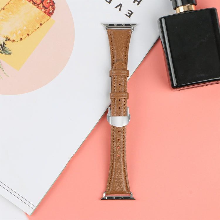 Plain Leather Butterfly Buckle Watch Band, For Apple Watch SE 2023 44mm, For Apple Watch SE 2023 40mm