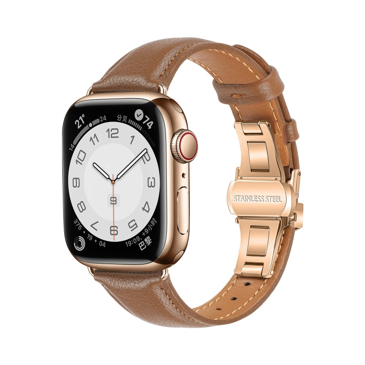 Plain Leather Butterfly Buckle Watch Band, For Apple Watch Ultra 2 49mm, For Apple Watch Series 9 45mm