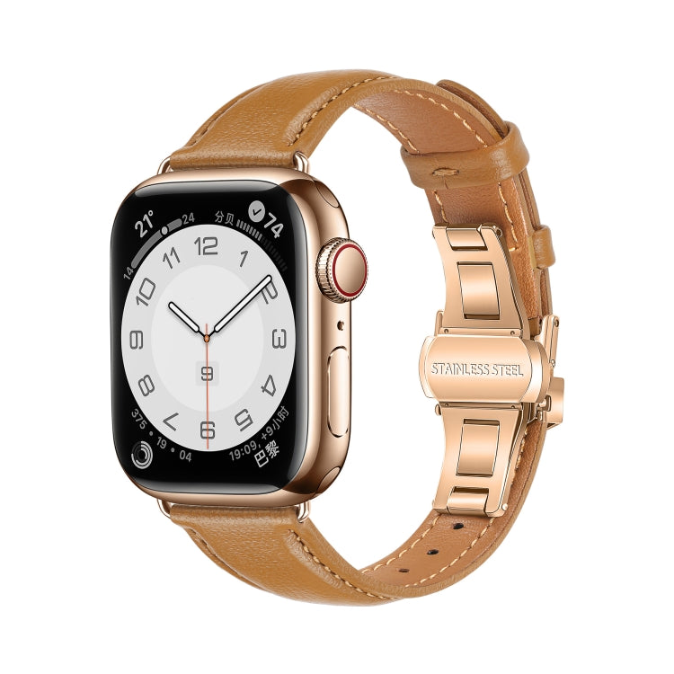 Plain Leather Butterfly Buckle Watch Band, For Apple Watch Series 9 41mm, For Apple Watch Ultra 49mm