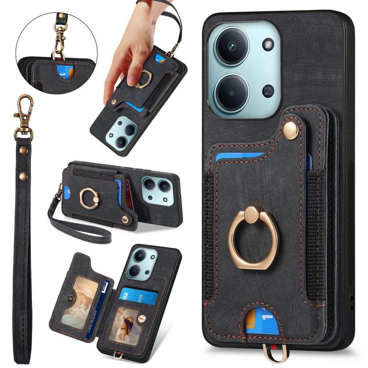Retro Skin-feel Ring Multi-card RFID Wallet Phone Case, For Redmi 15C 5G / 4G Global 171mm, For Xiaomi 15T, For Redmi K80 Pro / Poco F7 Ultra, For Redmi K80 / Poco F7 Pro