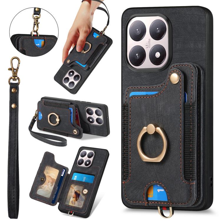 Retro Skin-feel Ring Multi-card RFID Wallet Phone Case, For Redmi 15C 5G / 4G Global 171mm, For Xiaomi 15T, For Redmi K80 Pro / Poco F7 Ultra, For Redmi K80 / Poco F7 Pro
