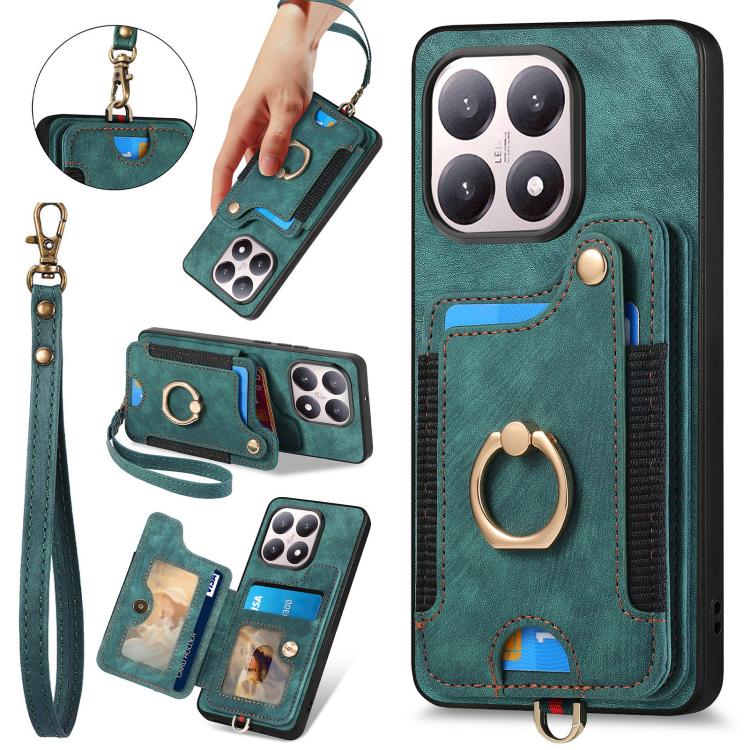 Retro Skin-feel Ring Multi-card RFID Wallet Phone Case, For Redmi 15C 5G / 4G Global 171mm, For Xiaomi 15T, For Redmi K80 Pro / Poco F7 Ultra, For Redmi K80 / Poco F7 Pro