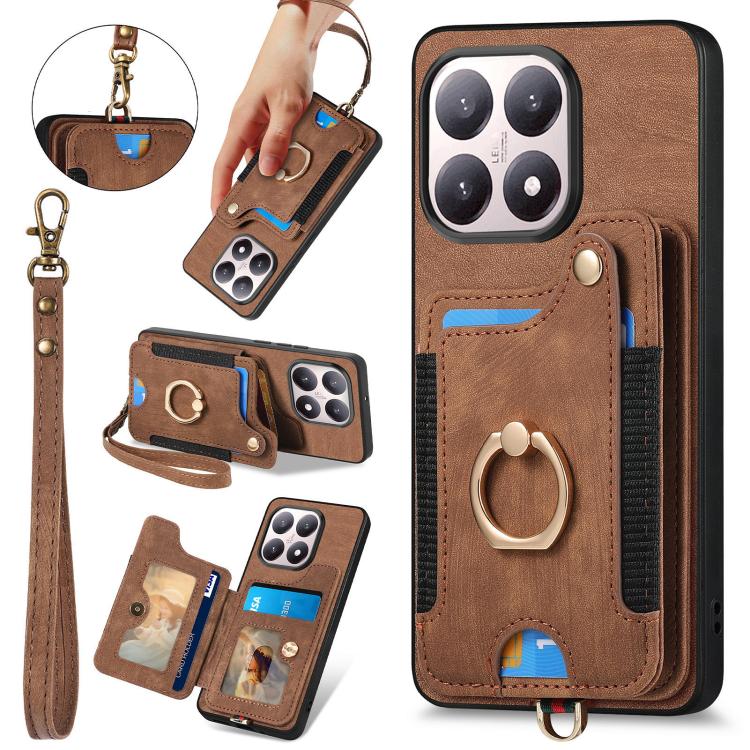 Retro Skin-feel Ring Multi-card RFID Wallet Phone Case, For Redmi 15C 5G / 4G Global 171mm, For Xiaomi 15T, For Redmi K80 Pro / Poco F7 Ultra, For Redmi K80 / Poco F7 Pro