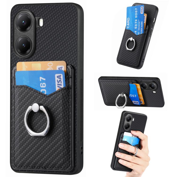 Carbon Fiber Card Wallet Ring Phone Case, For Redmi Turbo 4, For Xiaomi 15 Pro, For Xiaomi 15, For Redmi Note 14 5G, For Redmi Note 14 Pro+ 5G, For Redmi Note 14 Pro 5G