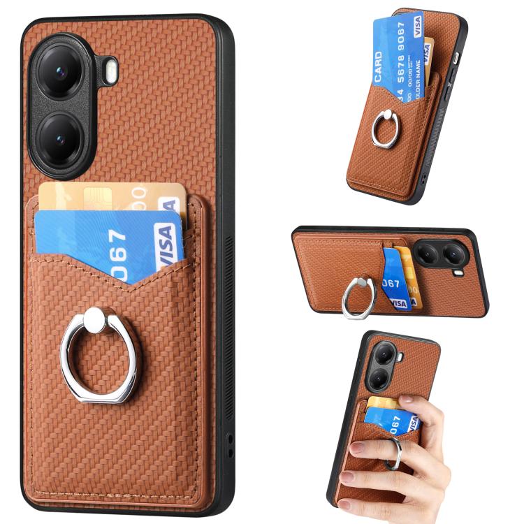 Carbon Fiber Card Wallet Ring Phone Case, For Redmi Turbo 4, For Xiaomi 15 Pro, For Xiaomi 15, For Redmi Note 14 5G, For Redmi Note 14 Pro+ 5G, For Redmi Note 14 Pro 5G