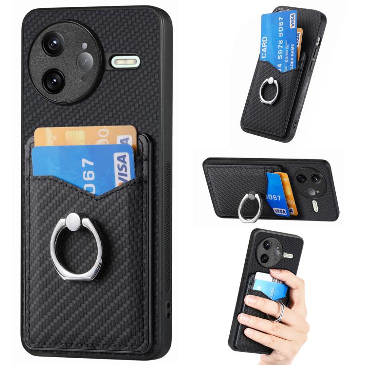 Carbon Fiber Card Wallet Ring Phone Case, For Redmi K80 Pro / Poco F7 Ultra, For Redmi K80 / Poco F7 Pro, For Redmi Turbo 4, For Xiaomi Poco X7 Pro