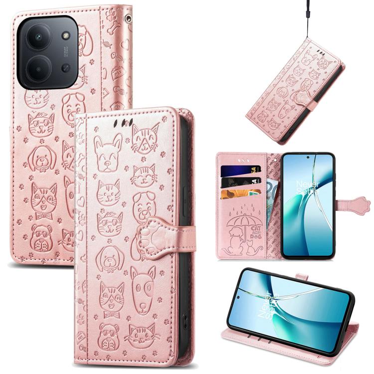 Cat and Dog Embossed Leather Phone Case, For Xiaomi Poco M7 4G 169mm, For Redmi 15C 5G / 4G Global 171mm, For Xiaomi 15T Pro