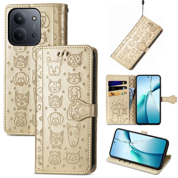 Cat and Dog Embossed Leather Phone Case, For Xiaomi Poco M7 4G 169mm, For Redmi 15C 5G / 4G Global 171mm, For Xiaomi 15T Pro