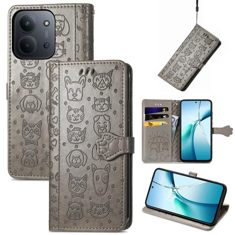 Cat and Dog Embossed Leather Phone Case, For Xiaomi Poco M7 4G 169mm, For Redmi 15C 5G / 4G Global 171mm, For Xiaomi 15T Pro